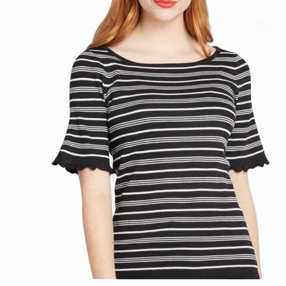 ModCloth Striped Ruffle Knit Top in Retro Solid Black and White